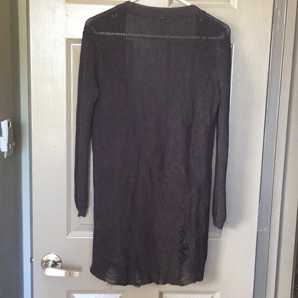 Wishlist Charcoal Cozy Long Grey Distressed Open Front Long Sleeve Cardigan, M/L - Picture 3 of 6